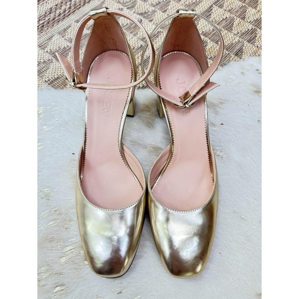 J. Crew Size Metallic Gold Ankle Strap Maisie Pump 10 Block Heel Y2K - Picture 1 of 9